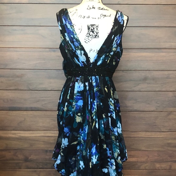 V Neck Beaded Silk Floral Blue Floor length Dress - Picture 3 of 3